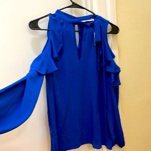 Loft Royal Blue long sleeved blouse with shoulder cutouts & neck tie.